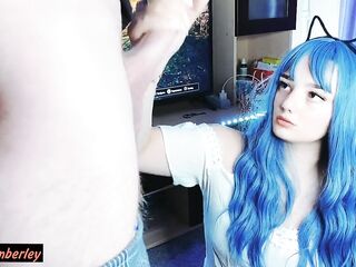 Prone Bone Screw and Creampie for Cute Teen with Blue Hair