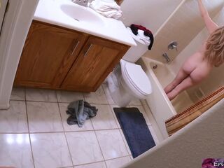 Stepmom undressing after work and getting ready to shower catches stepson watching and masturbating