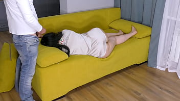 A mature MILF with a big ass lay down on the couch, but a cock was inserted into her anal and given to suck