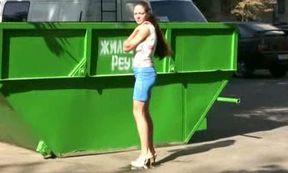 Russian college girl in sexy tight shorts pees in public