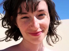Cute brunette with tiny tits fucks a long rod on the beach