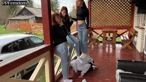 group foot domination and socks worship femdom outdoor with sofi, kira and dina