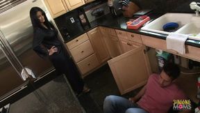 Black-haired wife eagerly meets Randy boyfriend's persistent thrusts post-sink cleaning