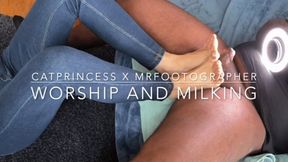 CatPrincess lays on floor and drains horny photographer, french tip pedi toejob footjob and foot worship, side pov, size 9 milf feet