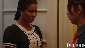 Charming ebony French maid fulfils her Asian guest's filthy wishes
