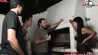 Homemade spanish Amateur Gang Bang with a dark haired Hottie with natural hooters