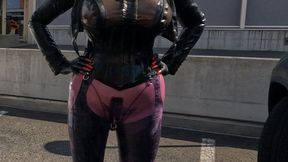 Big Boobs Latex Doll peeing and plugged in the city PART I