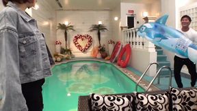Part1: Wet Blowjob by Poolside, Stunning Squirt in Love Hotel Pool with Cute Lady!
