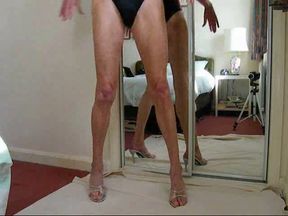 Pervert dude on high heels jacks off his big cock on webcam