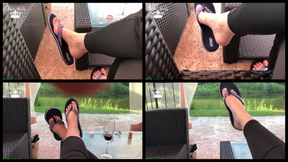Flip flops dangling outdoor near lake with silver nails &amp;amp; toes wiggling