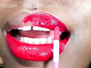 FULL BLACK LIPS RED LIPSTICK GIVING A KISS THROAT FETISH WORSHIP