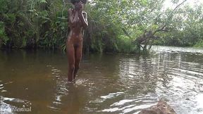 Horny Ebony Babe Getting Wet and Wild in the River