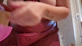 hair dye apron with sexy latex gloves and hairy armpits