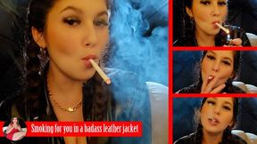 Badass smoker girl in a badass leather jacket