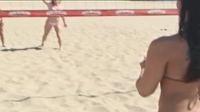 purefilmstv - after beating 2 strangers at beach volleyball, they also fuck them in a lesbian foursome