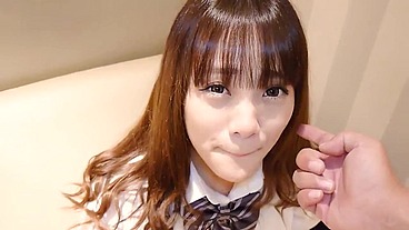 19-year-old Japanese black-haired beauty. Slender amateur, blowjob and creampie sex with a beautiful shaved pussy. Uncensored, hentai, uniform cosplay