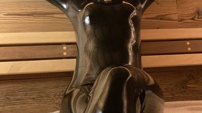Latex wellness Rubber Missy in total rubber enclosure enjoys sauna in her catsuit and blindfold and mask fetish and rubber fetish