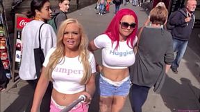 Jessica and Roxi show off their damp underwear in a public fetish affair!