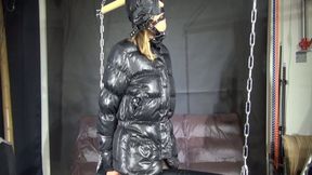 Past Time Clip with Sandra bound in shiny nylon Downwear riding a shiny Pony