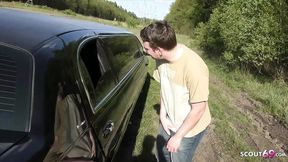 Old dudes bang German mature Mareen's worn-out pussy&#x270C; in a car, gangstyle, while she screams 'yes, yes, give it to me'