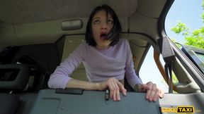 Dashing brunette spread her legs in the back seat of a taxi and is waiting for the driver to take her payment