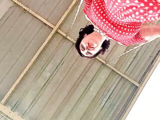 Cute housewife has pleasure out of pants on the swing Whore swings and shows her ideal snatch three