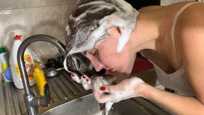 Wet Hair Wash in Kitchen Sink