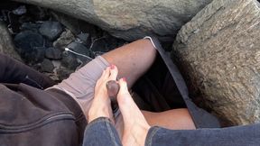 Secret public beach footjob, huge ropes of cum! milf feet on bbc, size 9, pink pedi