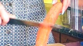 As German blonde bombshell ravishes veggies with unyielding hunger, then feasts on stiff sausage'