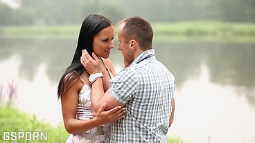 Near the river a romantic brunette girlfriend is fucked by sensual cock