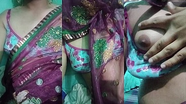 Indian Trans Woman Gaurisissy showing her full body and pressing and playing with her big boobs in pink saree