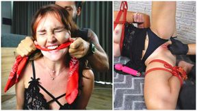 (HD 720) GAGGED AND BOUND: A JINA IN ROPES AND DUCT TAPE - Taped mouth, moaning, and a failed escape attempt
