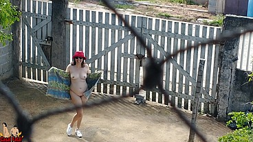 My wife goes outdoor wearing shoes, a towel and a hat. She walks naked outside.
