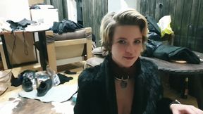 Emily Addams sucking dick in black fur coat