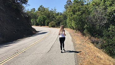 blonde amateur babe Jogging behind the scenes of shooting her outdoor personal trainer creampie movie