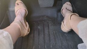 Fifi pedal pumping barefoot in nude suede ankle strap high heels