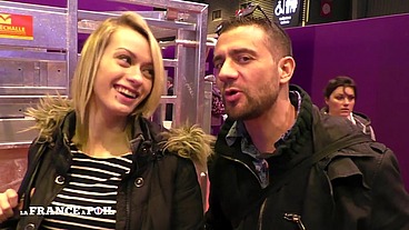 Pretty young skinny blonde slut catched up at agricultural show gets screwed and jizzed on her small tits