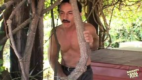 Slutty brunette invites the peeping gardener over and takes his cock up her ass outdoors