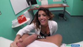 Sexy Medical STUDENT is given a hand on pracial lesson in the male genitalia - Fake Hospital