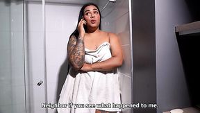 Chubby and tattooed latina gets her pussy rammed by a black stallion plumber in the shower