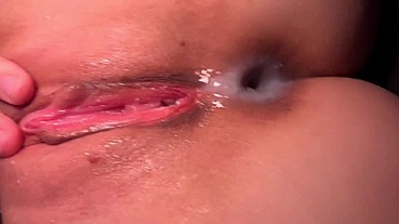 Oiled babe rides his cock, then takes it up her ass until CUM starts dripping