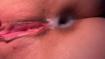 Oiled babe rides his cock, then takes it up her ass until CUM starts dripping