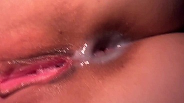 Oiled babe rides his cock, then takes it up her ass until CUM starts dripping