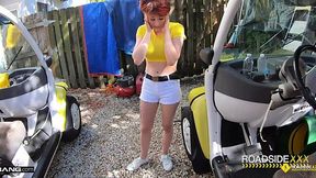 Redhead Rides Mechanic's Massive Tool on the Side of the Road
