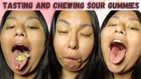 Tasting and chewing sour gummies + silly faces
