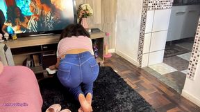 chubby housewife farting in tight jeans while cleaning