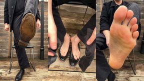 DADDY removes dress shoes during lunch break, sweaty socks and feet