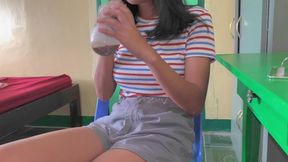 Face-fucked slut swallows cum-stained cum-shot drips down her dirty drippy throat