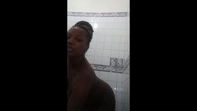 cute ebony college teen girl in the shower fingering her tight wet black pussy - mastermeat1