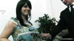 Big-titted brunette cops to threesome before bailing